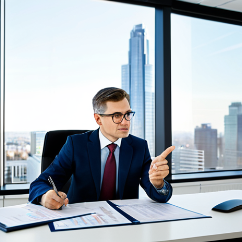 Home 21 A highly professional tax consultant, wearing a modest business suit, is seated at a sleek modern office desk, patiently explaining complex financial data to a client. The consultant points clearly at a document or digital screen, conveying clarity and expertise. The office background is bright, organized, and features large windows with a soft-focus cityscape beyond. The overall atmosphere is one of trust and professional guidance. fully clothed, appropriate attire, safe for work, perfect anatomy, correct proportions, natural pose, professional dress, well-formed hands, proper finger count, high-quality professional photography.