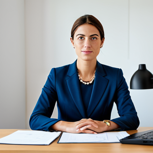 Home 10 Businesswoman in Modern Office**
"A professional businesswoman in a modest business suit, sitting at a desk in a modern Lisbon office, fully clothed, appropriate attire, safe for work, perfect anatomy, natural proportions, professional photography, high quality, bright lighting, focused on the woman's face."
**