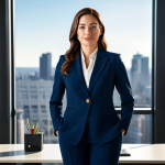 **

A professional businesswoman in a tailored, navy blue pantsuit, standing confidently in a modern, sunlit office. Background includes blurred cityscape view through large windows. Fully clothed, appropriate attire, safe for work, perfect anatomy, natural pose, professional photography, high quality.

**