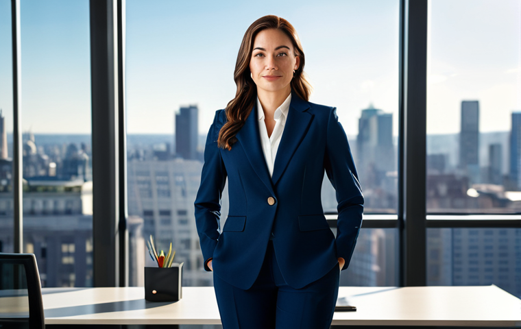 **

A professional businesswoman in a tailored, navy blue pantsuit, standing confidently in a modern, sunlit office. Background includes blurred cityscape view through large windows. Fully clothed, appropriate attire, safe for work, perfect anatomy, natural pose, professional photography, high quality.

**