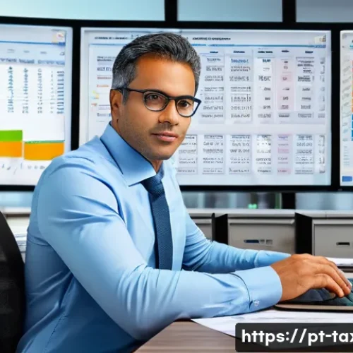 세무사 분야별 요구 역량 - A modern Brazilian accounting office scene showing a focused professional in business casual attire,...