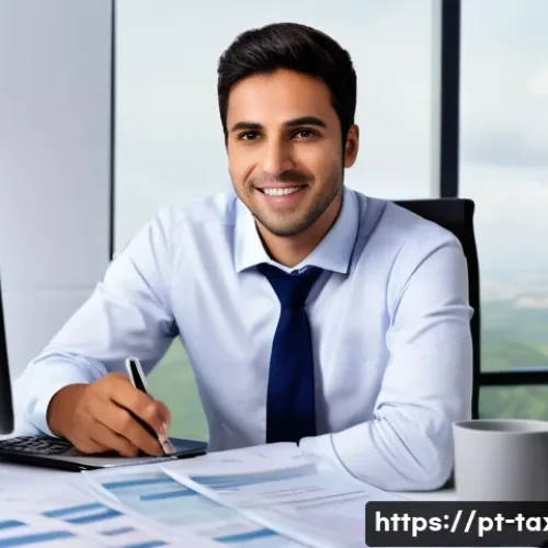 세무사와 세무 대행 서비스 - A professional Brazilian accountant in a modern office setting, surrounded by financial documents, t...