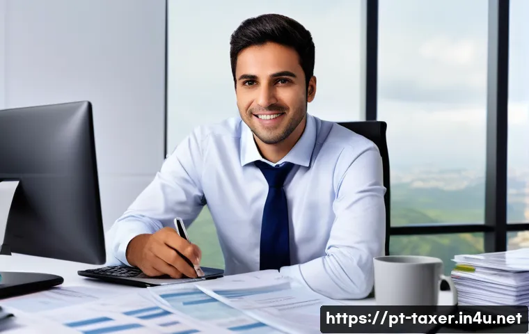 세무사와 세무 대행 서비스 - A professional Brazilian accountant in a modern office setting, surrounded by financial documents, t...