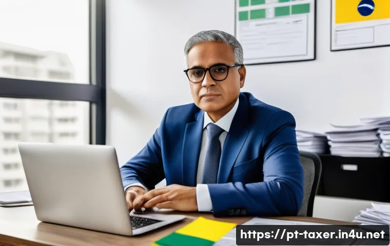 세무사와 상속세 절차 관리 - A professional Brazilian tax consultant seated at a modern office desk, surrounded by official docum...