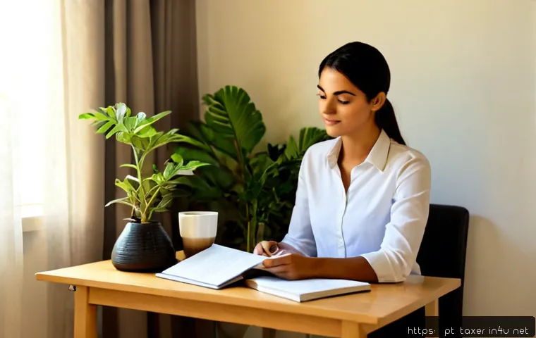 세무사 준비생 멘탈 관리법 - Photorealistic Brazilian tax accountant exam candidate in a tidy home study corner, taking a calm br...